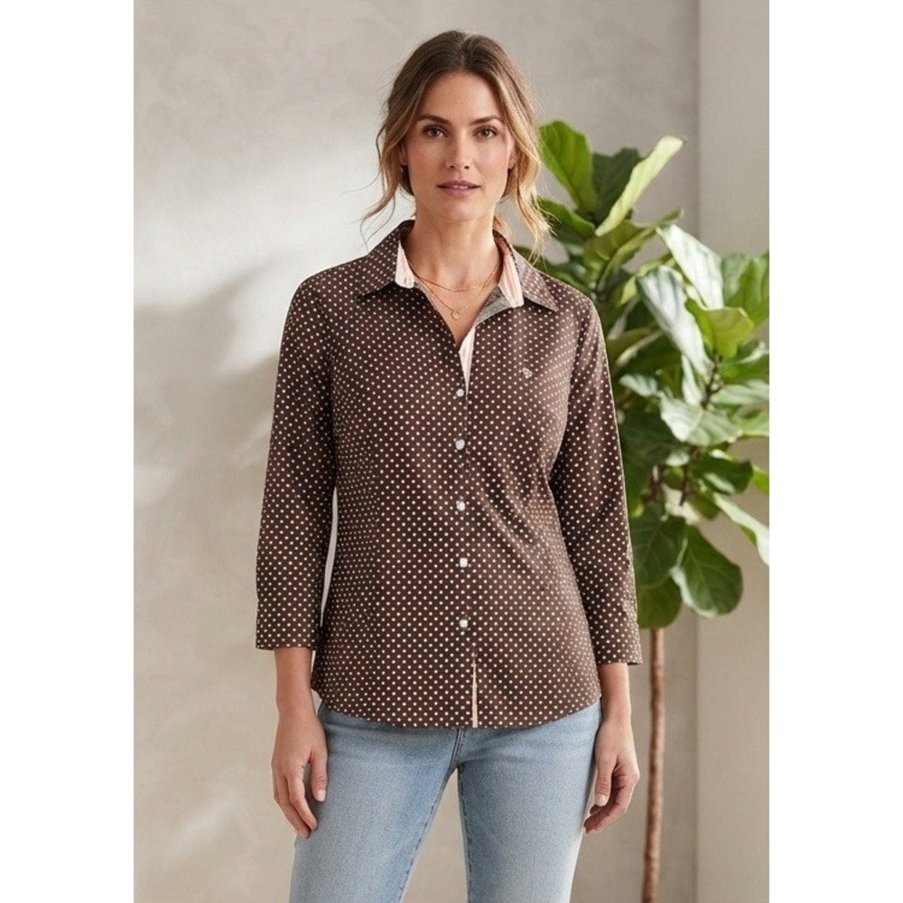 Jones Wear Studio Button Up Polka Dot 3/4 Sleeve Women's XL Brown Cotton Stretch